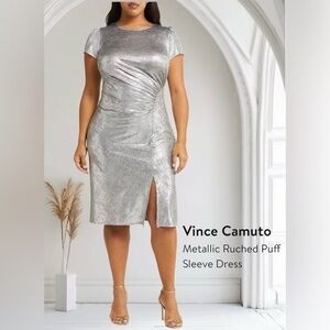 Vince Camuto Metallic Ruched Puff Sleeve Dress Sliver Size Women X1